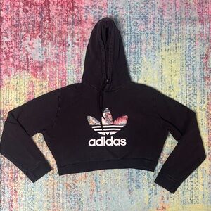 adidas Black Cropped Hoodie with Floral Trefoil
